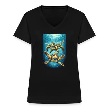 Turtle Abstraction Underwater Design - Women's V-neck T-shirt - black - Front - Lela (165cm)