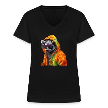 Lémurien avec lunettes de soleil Coloré Cool Lémurien à queue annelée animal forestier - T-shirt col V Femme - noir - Devant - Lela (165cm)