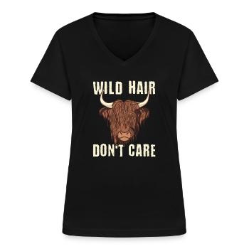 Wild Hair Dont Care Higland Cattle Kuh Rind - Frauen-T-Shirt mit V-Ausschnitt - Schwarz - Vorne - Lela (165cm)