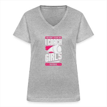 Damen Baseball Coach Baseballtrainer Geschenk - Frauen-T-Shirt mit V-Ausschnitt - Grau meliert - Vorne - Lela (165cm)