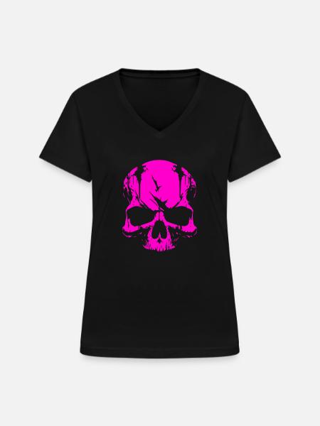 Pinker Skull Totenkopf - Frauen-T-Shirt mit V-Ausschnitt - Schwarz