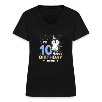 Pingouin pour les 10 ans des enfants de dix ans - T-shirt col V Femme - noir - Devant - Lela (165cm)