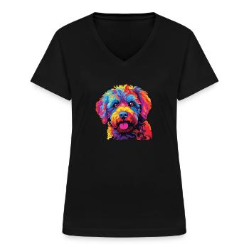 Wasserfarben Farbenfroher Lagotto Romagnolo - Frauen-T-Shirt mit V-Ausschnitt - Schwarz - Vorne - Lela (165cm)