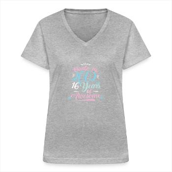 Made In 2002 16 Years Of Awesome Birthday Shirt - Frauen-T-Shirt mit V-Ausschnitt - Grau meliert - Vorne - Lela (165cm)