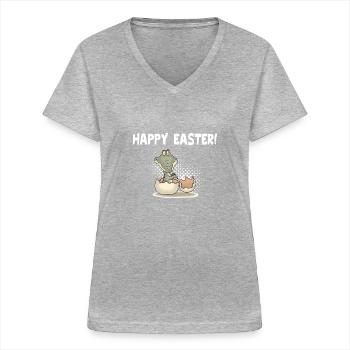 Glücklicher Ostern-Dummkopf-Tag - Alligator Prank - Frauen-T-Shirt mit V-Ausschnitt - Grau meliert - Vorne - Lela (165cm)