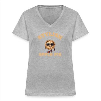 Braune Zeichnung mit schwarzen Linsen - Frauen-T-Shirt mit V-Ausschnitt - Grau meliert - Vorne - Lela (165cm)