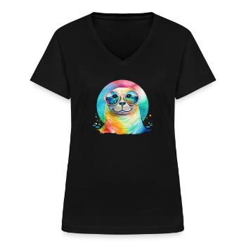 Bunter cooler Seehund mit Sonnenbrille - Frauen-T-Shirt mit V-Ausschnitt - Schwarz - Vorne - Lela (165cm)