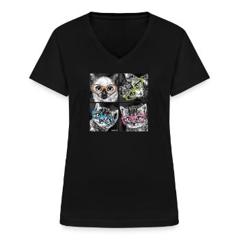 P.D. Moreno Katzen mit Brillen - Frauen-T-Shirt mit V-Ausschnitt - Schwarz - Vorne - Lela (165cm)