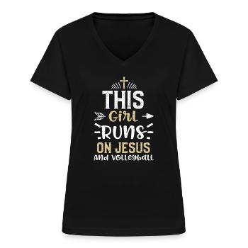 This girl runs on Jesus and full... - Women's V-neck T-shirt - black - Front - Lela (165cm)