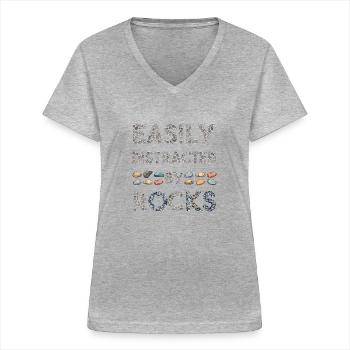 Geologie lässt sich leicht vom Gesteinssammler ablenken - Frauen-T-Shirt mit V-Ausschnitt - Grau meliert - Vorne - Lela (165cm)