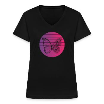 Papillon Retro Style Vintage - T-shirt col V Femme - noir - Devant - Lela (165cm)