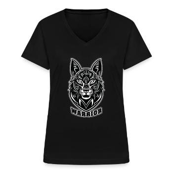 Chat chien guerrier - T-shirt col V Femme - noir - Devant - Lela (165cm)