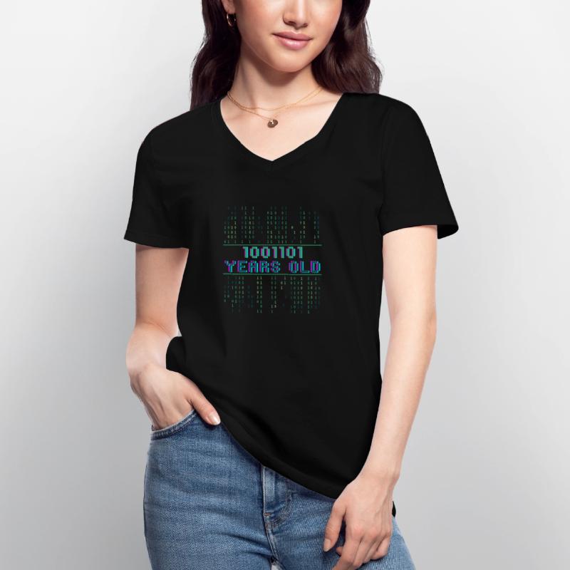 77. Geburtstag 77 Jahre alt Binärcode Coder Frauen-T-Shirt mit V-Ausschnitt