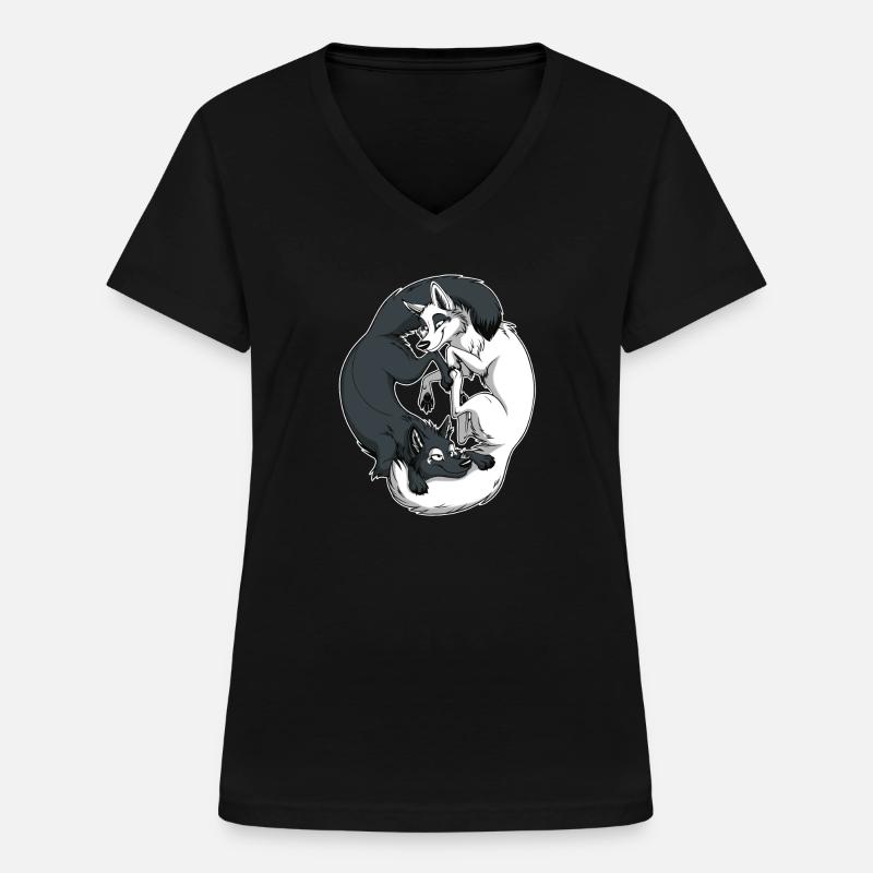 Yin Yang Foxes (white border) - Women's V-neck T-shirt - black
