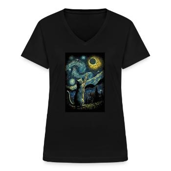 Cat Van Gogh Style Moon Stars Night Kitty - Women's V-neck T-shirt - black - Front - Lela (165cm)