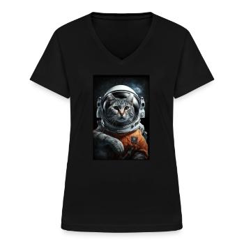 Cat Astronaute Espace Espace Cool - T-shirt col V Femme - noir - Devant - Lela (165cm)