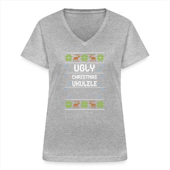 Ugly Christmas Ukulele - Frauen-T-Shirt mit V-Ausschnitt - Grau meliert - Vorne - Lela (165cm)