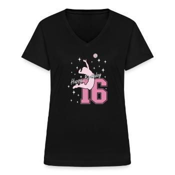 16. Geburtstag Volleyball Volleyballspielerin - Frauen-T-Shirt mit V-Ausschnitt - Schwarz - Vorne - Lela (165cm)