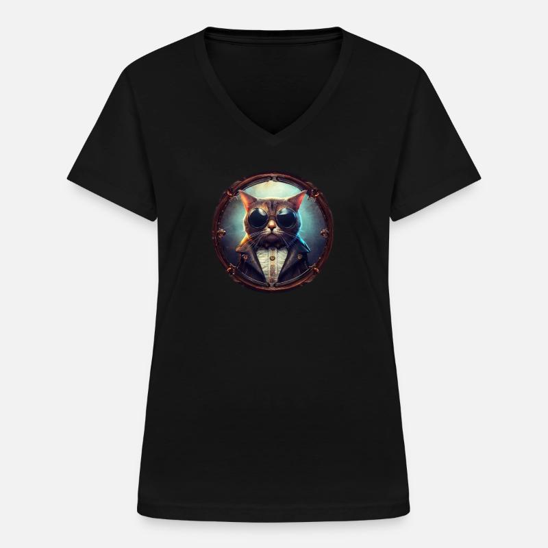 Cat Pilot Steampunk - Women's V-neck T-shirt - black