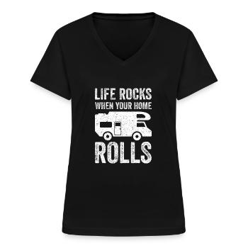 WOHNMOBIL Camping Shirt Camper Geschenk Vintage - Frauen-T-Shirt mit V-Ausschnitt - Schwarz - Vorne - Lela (165cm)