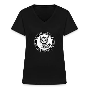 LOVE CATS HATE FASCISM - ALL CATS ARE BEAUTIFUL - Frauen-T-Shirt mit V-Ausschnitt - Schwarz - Vorne - Lela (165cm)