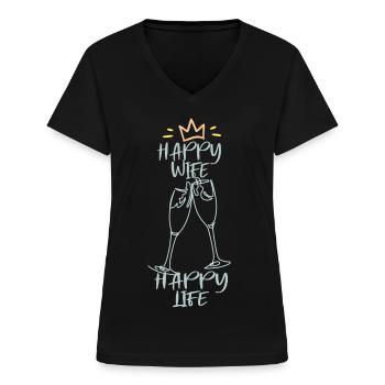 Glückliche Frau, glückliches Leben. Sekt Krone Fun - Frauen-T-Shirt mit V-Ausschnitt - Schwarz - Vorne - Lela (165cm)