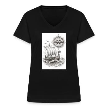 Compass Viking Sailing Ship - Women's V-neck T-shirt - black - Front - Lela (165cm)