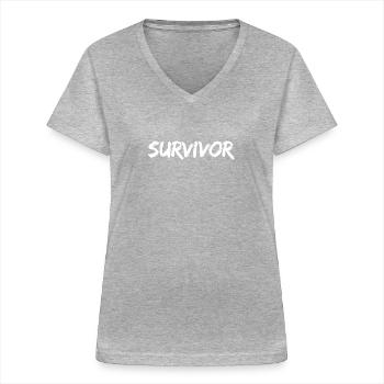 "Survivor" White Brush Font - Women's V-neck T-shirt - sports grey - Front - Lela (165cm)