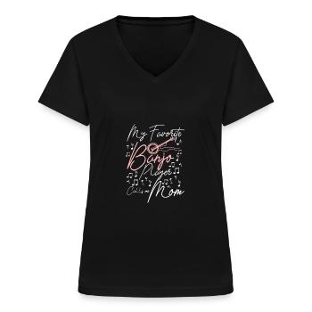 Le jour de la fête des mères, mon joueur de banjo préféré m’appelle maman - T-shirt col V Femme - noir - Devant - Lela (165cm)