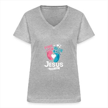 Pink or blue jesus loves you - Frauen-T-Shirt mit V-Ausschnitt - Grau meliert - Vorne - Lela (165cm)