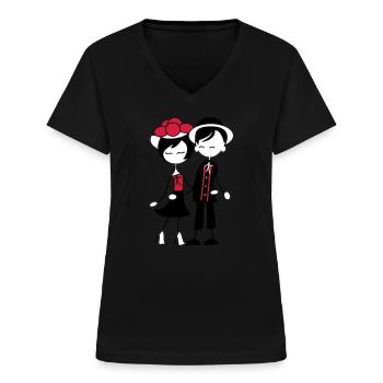 Süßes Schwarzwald Pärchen - Bollenhut & Tracht - Frauen-T-Shirt mit V-Ausschnitt - Schwarz - Vorne - Lela (165cm)