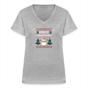 Bonhomme de neige Moche cadeau de Noël Noël - T-shirt col V Femme - gris chiné - Devant - Lela (165cm)