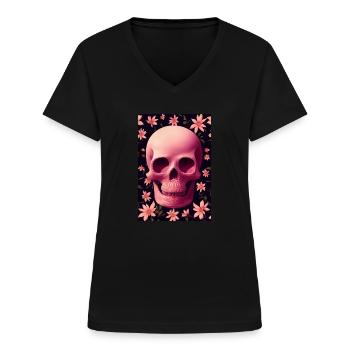 Pink Totenkopf Blumen - Frauen-T-Shirt mit V-Ausschnitt - Schwarz - Vorne - Lela (165cm)
