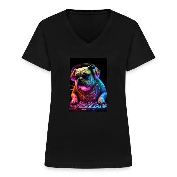 Bulldog DJ Chien DJ - T-shirt col V Femme - noir - Devant - Lela (165cm)
