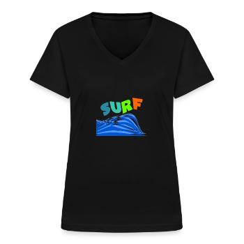 SURFEN. WELLENREITER. WELLENREITER. SPORT. FEIERTAG. REISE. - Frauen-T-Shirt mit V-Ausschnitt - Schwarz - Vorne - Lela (165cm)