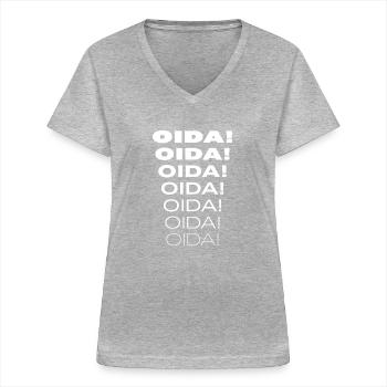 OIDA! Mundart Geschenkidee - Frauen-T-Shirt mit V-Ausschnitt - Grau meliert - Vorne - Lela (165cm)