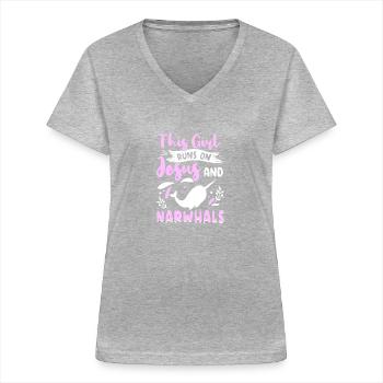 Narwal Outfit Meerestier Zahnwale - Frauen-T-Shirt mit V-Ausschnitt - Grau meliert - Vorne - Lela (165cm)