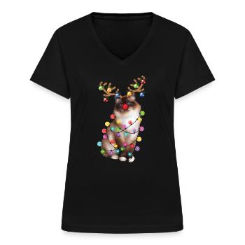 Chat Birman de Noël - Drôle de renne Noël Kitty - T-shirt col V Femme - noir - Devant - Lela (165cm)