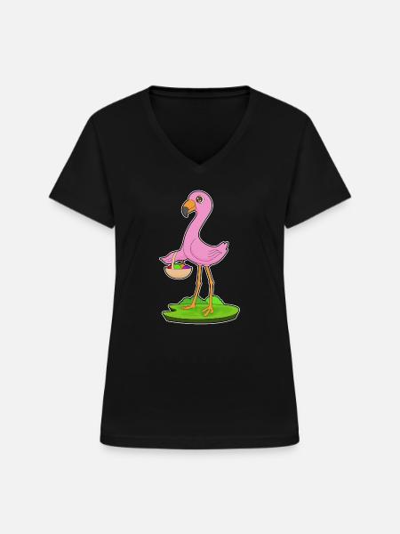 Flamingo Obstkorb - Frauen-T-Shirt mit V-Ausschnitt - Schwarz
