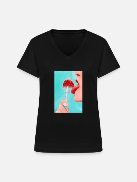 Pilz Pop-Art - Frauen-T-Shirt mit V-Ausschnitt - Schwarz