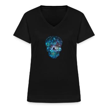 Sugar Skull, Space, Galaxy Style, Cosmic - Women's V-neck T-shirt - black - Front - Lela (165cm)