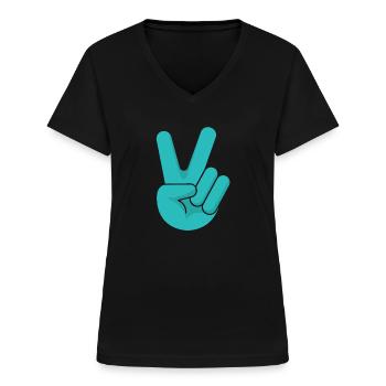 Amour Liberté Paix Espoir Signe de la main - T-shirt col V Femme - noir - Devant - Lela (165cm)