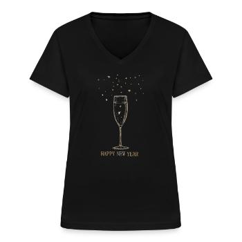 Sektglas mit Sternen und Neujahrsgruß. - Frauen-T-Shirt mit V-Ausschnitt - Schwarz - Vorne - Lela (165cm)