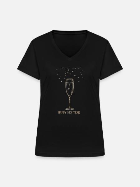 Sektglas mit Sternen und Neujahrsgruß. - Frauen-T-Shirt mit V-Ausschnitt - Schwarz