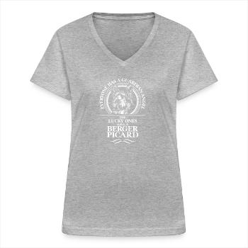 BERGER PICARD Schutzengel Hundespruch Wilsigns - Frauen-T-Shirt mit V-Ausschnitt - Grau meliert - Vorne - Lela (165cm)