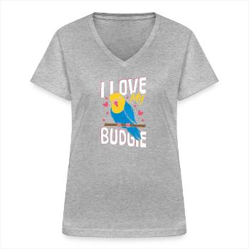 Wellensittich Care Sprechender Vogel Wellensittich - Frauen-T-Shirt mit V-Ausschnitt - Grau meliert - Vorne - Lela (165cm)