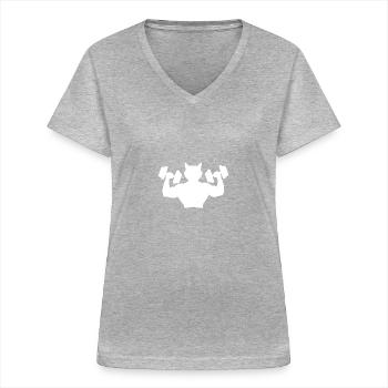 Body Builder Cat - Gym Bodybuilder Gym - T-shirt col V Femme - gris chiné - Devant - Lela (165cm)