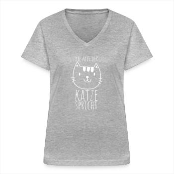 Die Mit Der Katze Spricht Katze Kätzchen Kater Fel - Frauen-T-Shirt mit V-Ausschnitt - Grau meliert - Vorne - Lela (165cm)