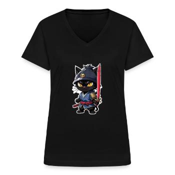 Ninja Cat - Samurai Kitten - Women's V-neck T-shirt - black - Front - Lela (165cm)