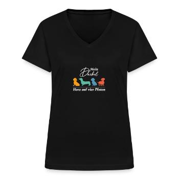 Dackel Herz auf vier Pfoten. Dackelsilhouetten - Frauen-T-Shirt mit V-Ausschnitt - Schwarz - Vorne - Lela (165cm)